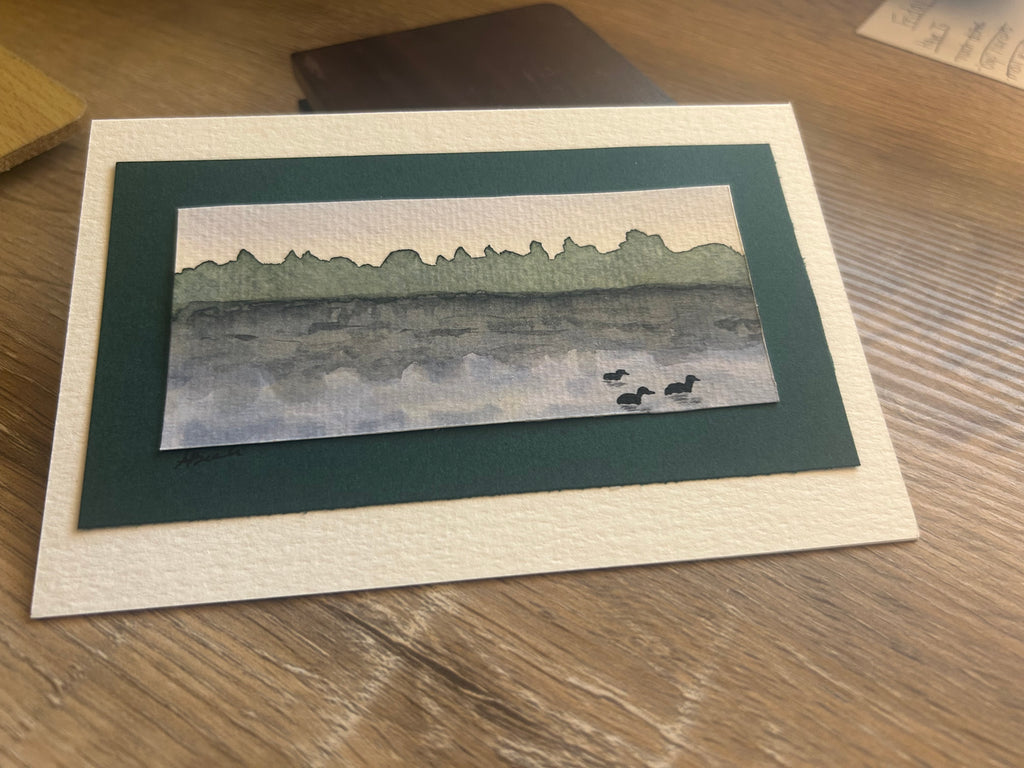 Hand-Painted Watercolor Evening Lake Greeting Card – 4x6 Fine Art Stationary