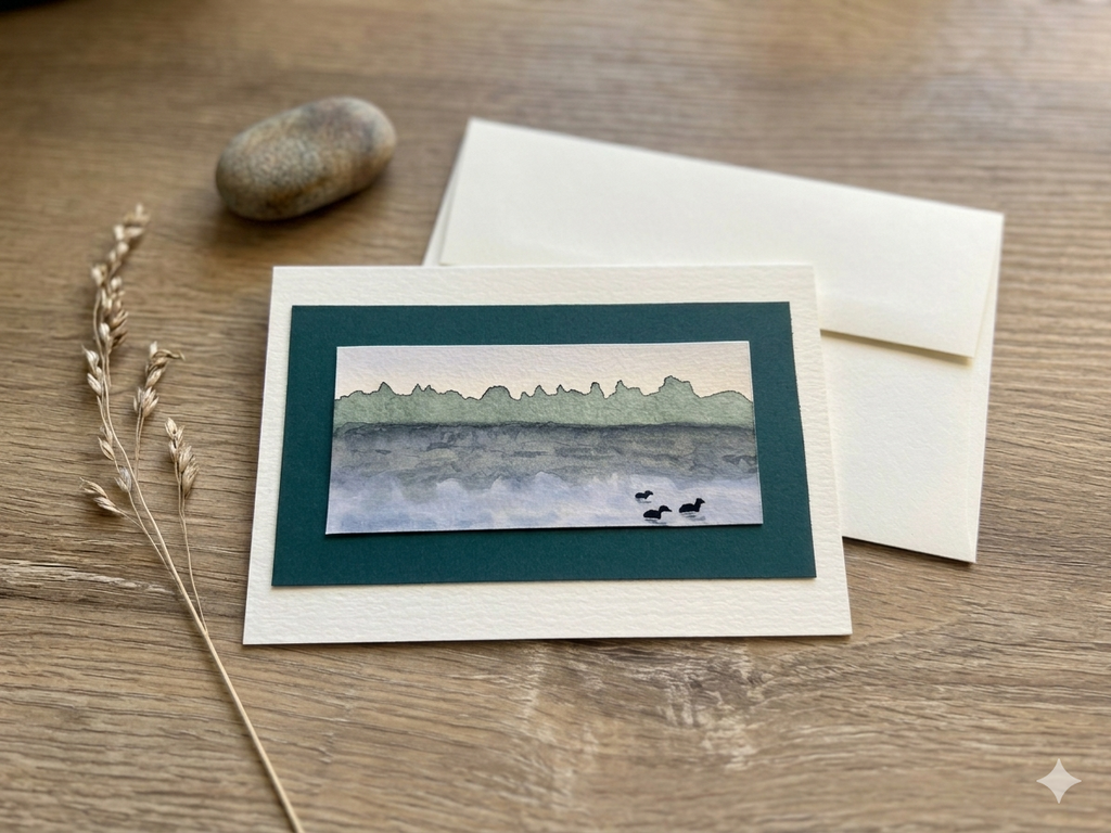 Hand-Painted Watercolor Evening Lake Greeting Card – 4x6 Fine Art Stationary