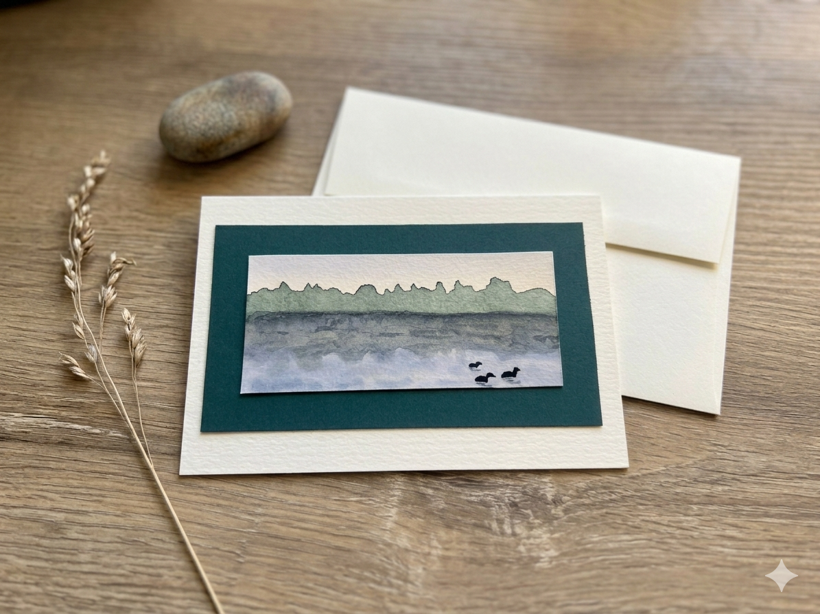 Hand-Painted Watercolor Evening Lake Greeting Card – 4x6 Fine Art Stationary