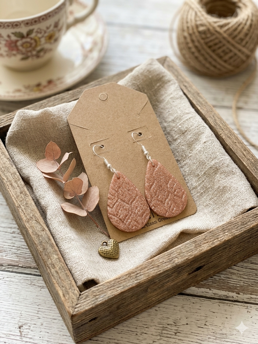 ✨ Sparkling Rose Gold Botanical Teardrop Earrings – Textured Glitter Polymer Clay Dangles
