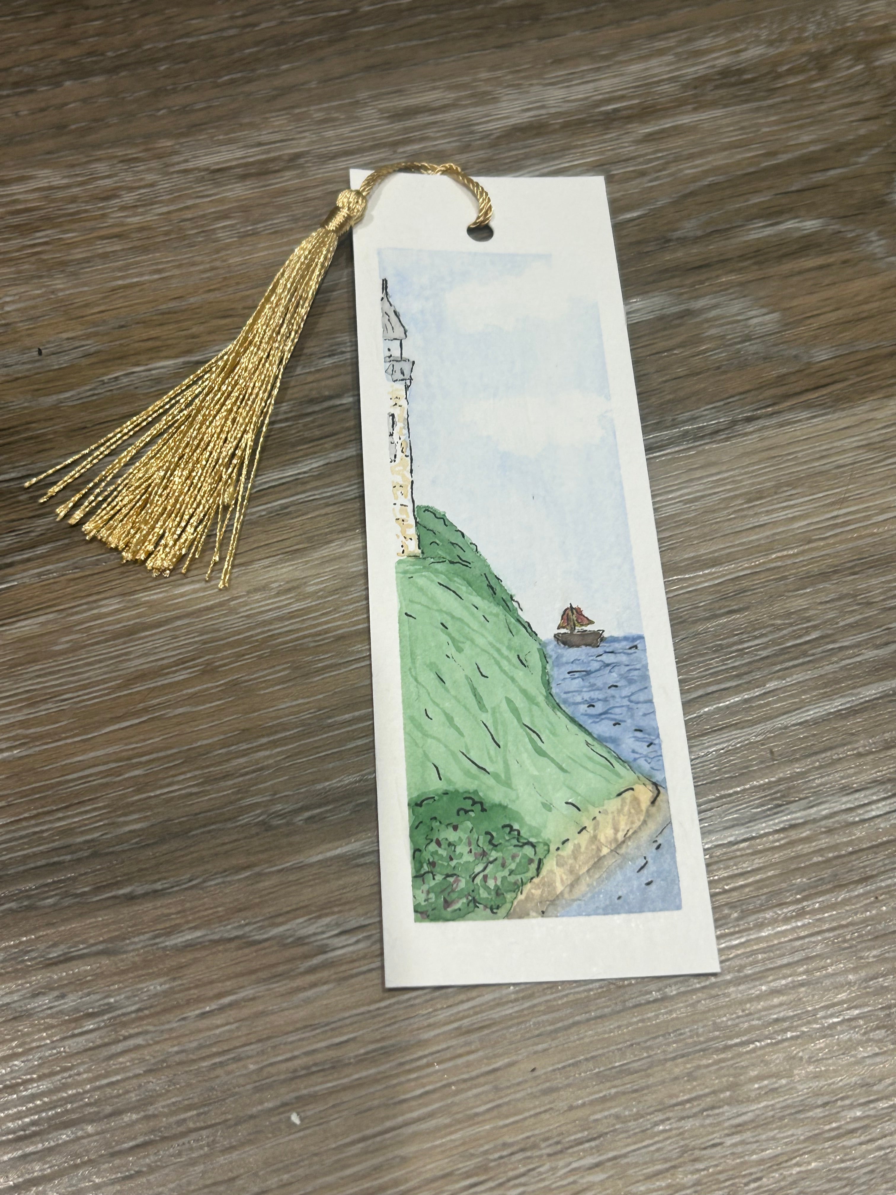 Hand-Painted Watercolour Lighthouse Bookmark with Gold Tassel