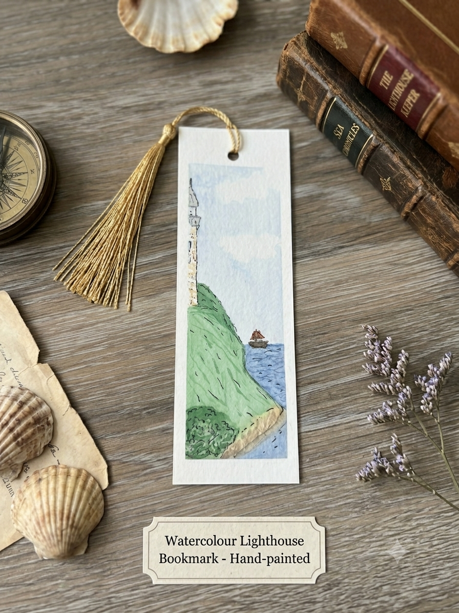 Hand-Painted Watercolour Lighthouse Bookmark with Gold Tassel