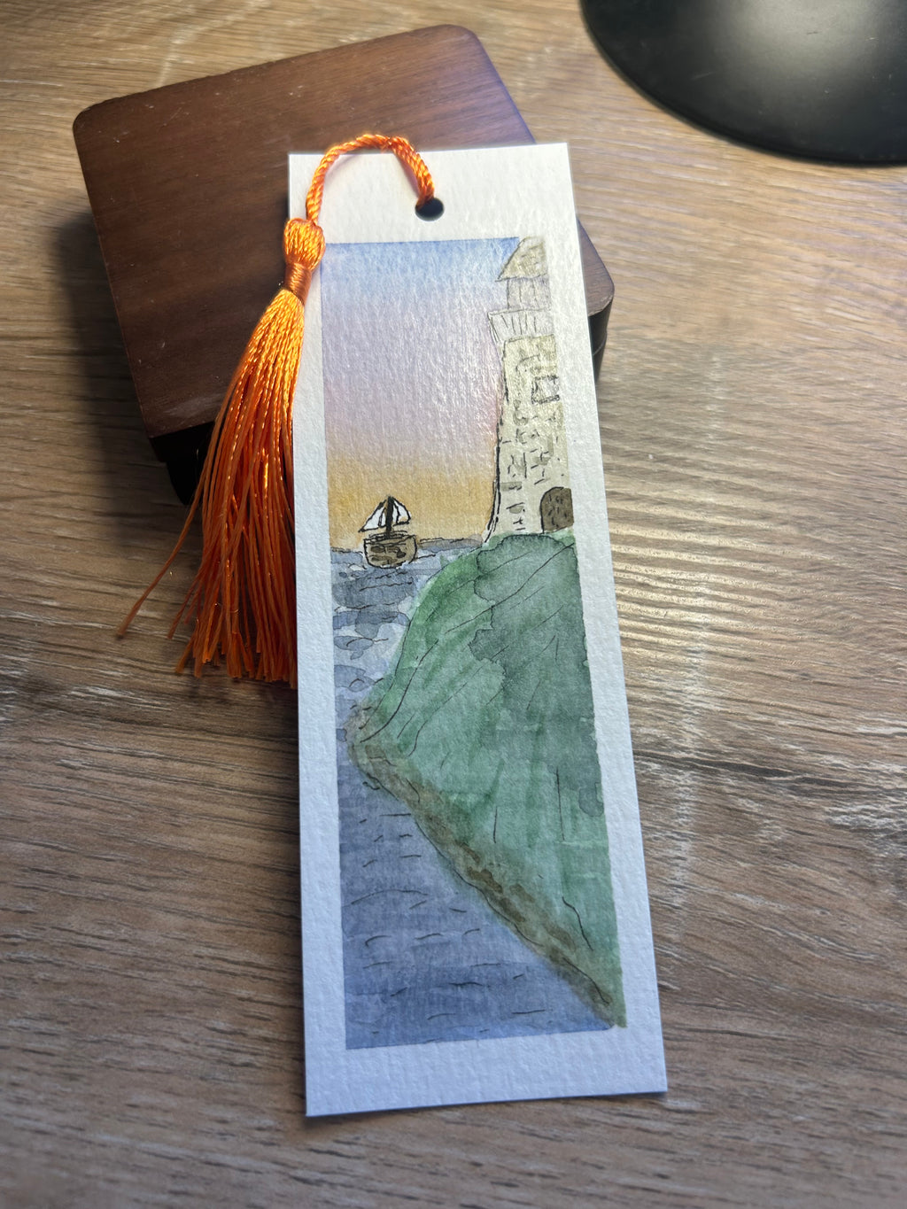 Hand-Painted Watercolor Lighthouse Bookmark with Orange Tassel