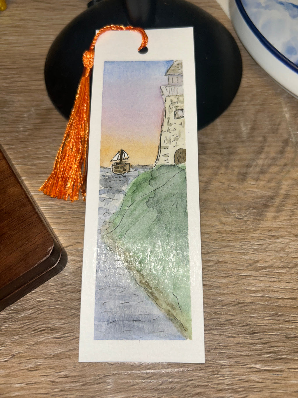 Hand-Painted Watercolor Lighthouse Bookmark with Orange Tassel