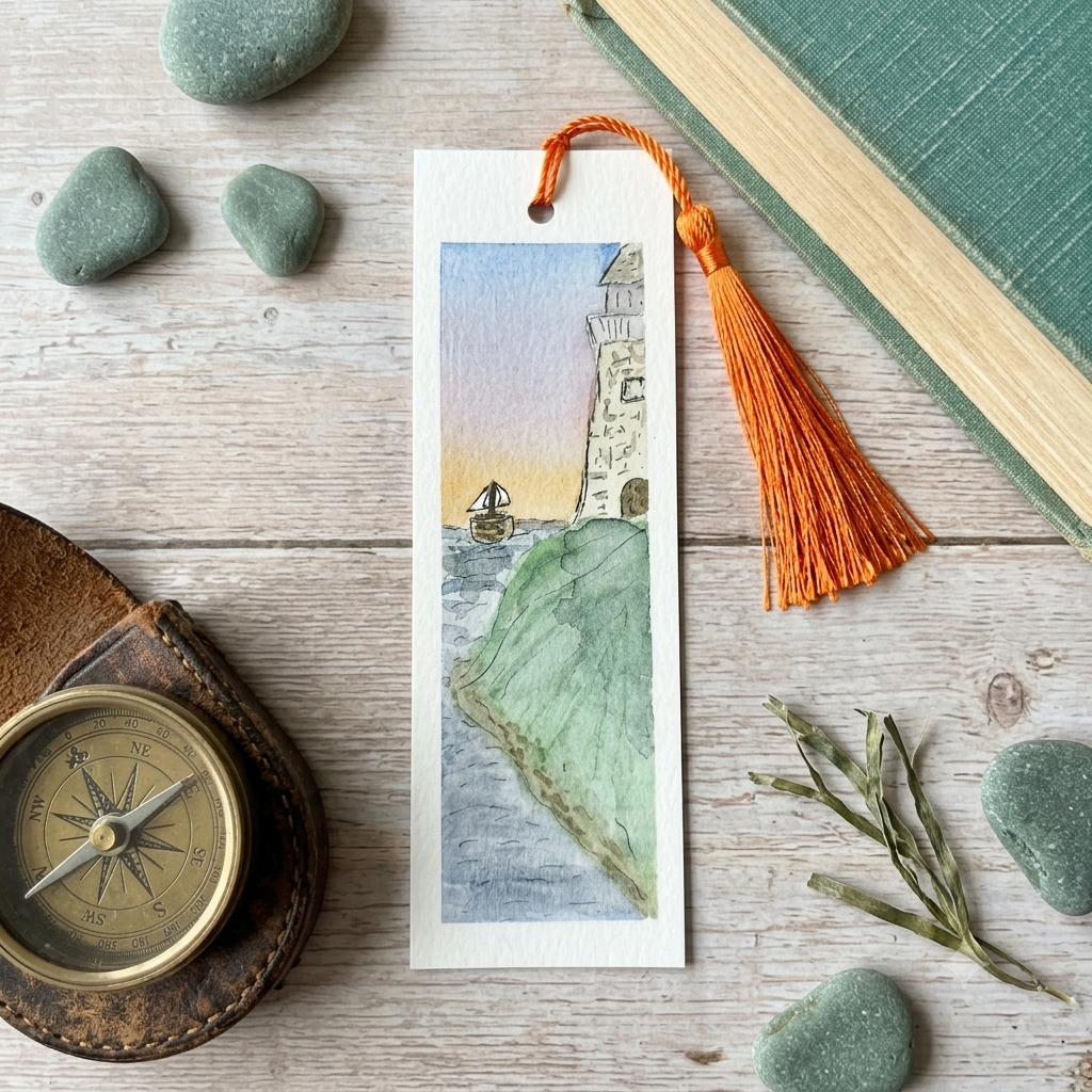 Hand-Painted Watercolor Lighthouse Bookmark with Orange Tassel