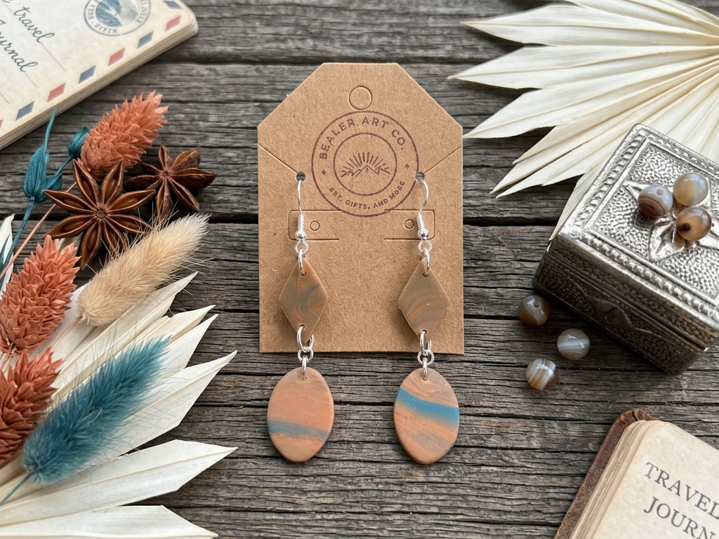 Marbled Terracotta and Turquoise Geometric Polymer Clay Dangle Earrings