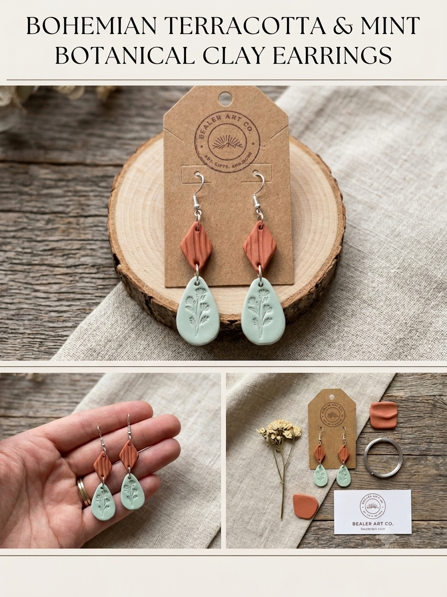 Bohemian Terracotta and Mint Botanical Clay Earrings