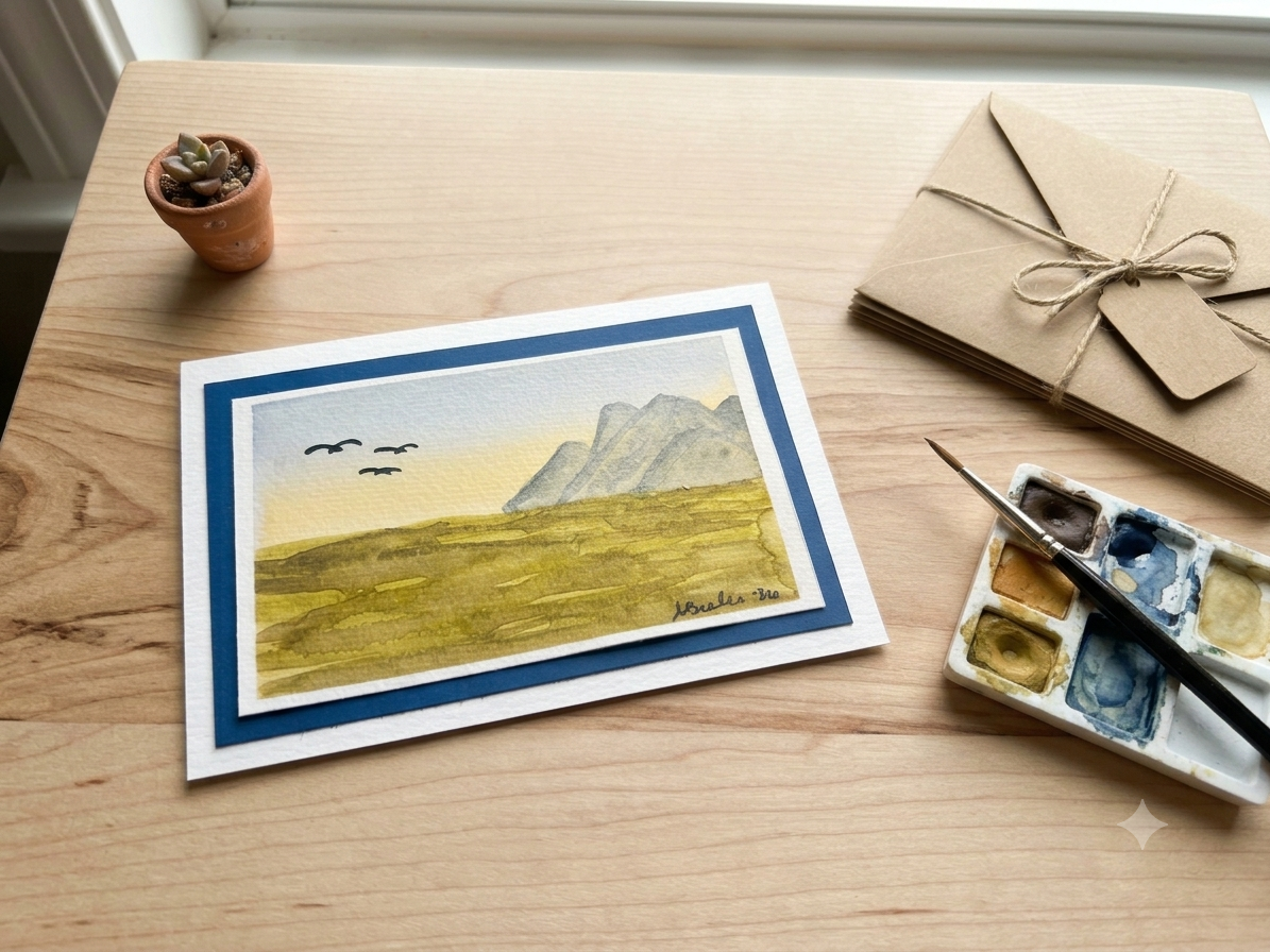 Mountain Solitude: Original Hand-Painted Watercolor Landscape Card