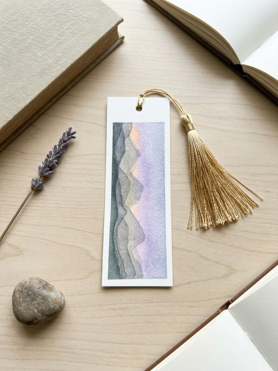 Hand-Painted Watercolor Mountain Landscape Bookmark with Champagne Tassel
