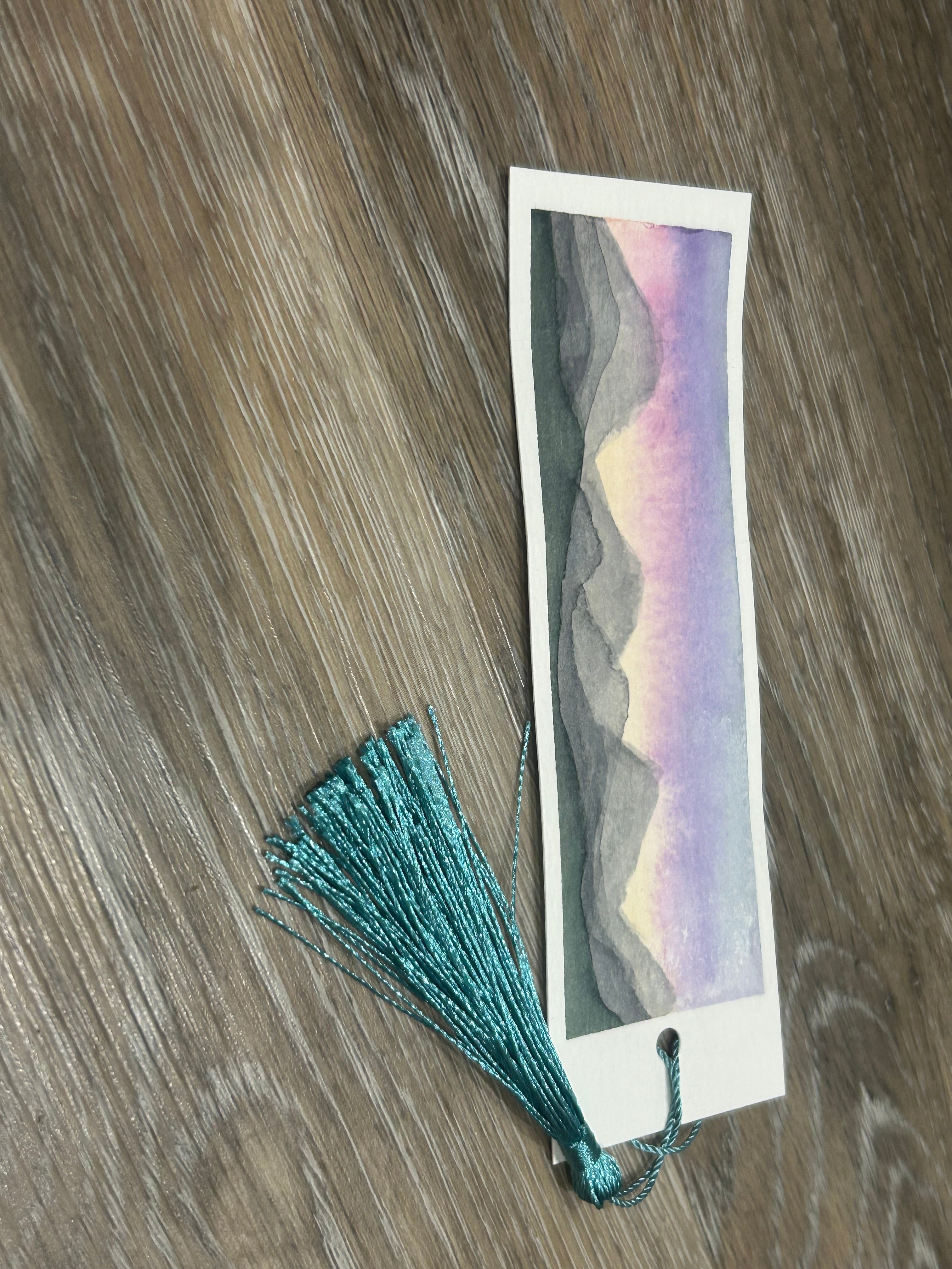 Hand-Painted Watercolor Mountain Bookmark with Teal Tassel
