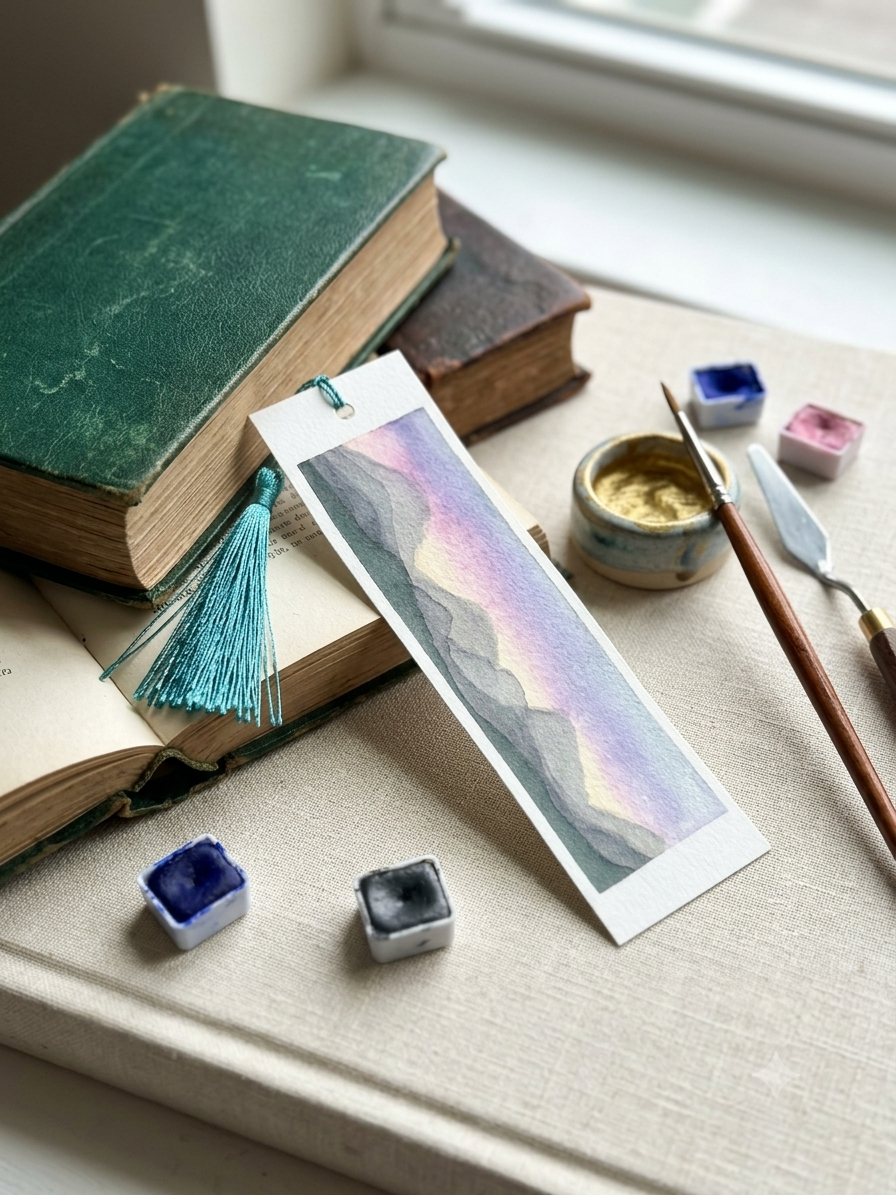 Hand-Painted Watercolor Mountain Bookmark with Teal Tassel