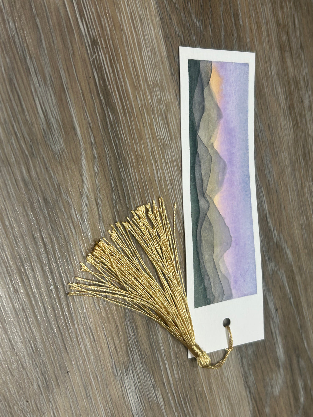 Hand-Painted Watercolor Mountain Landscape Bookmark with Champagne Tassel