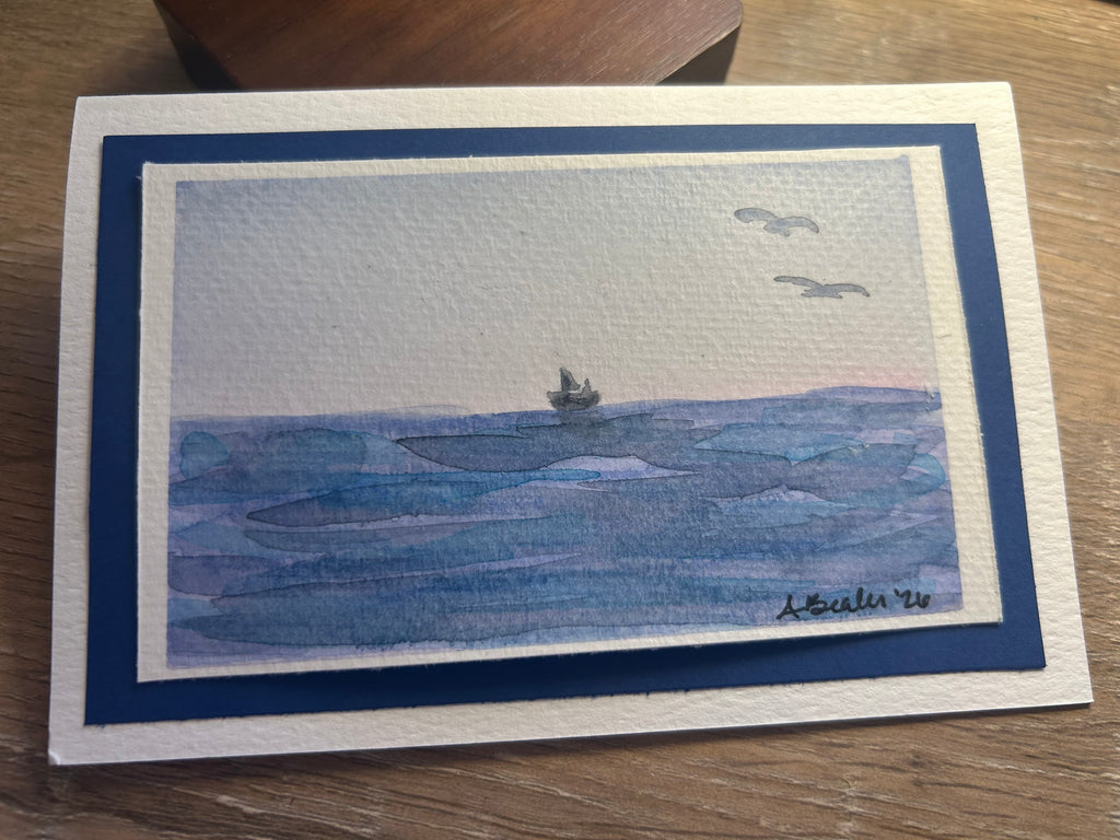 Hand-Painted Ocean & Sailboat Watercolor Note Card with Envelope & Stamp