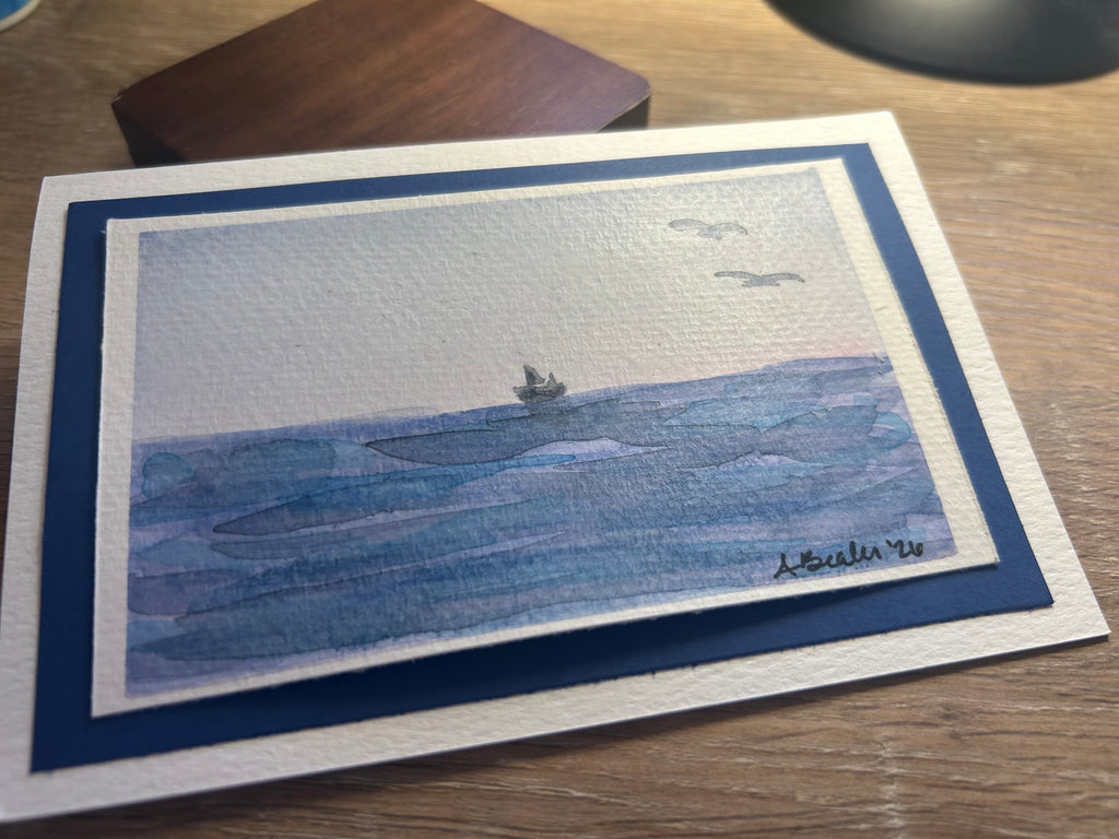 Hand-Painted Ocean & Sailboat Watercolor Note Card with Envelope & Stamp