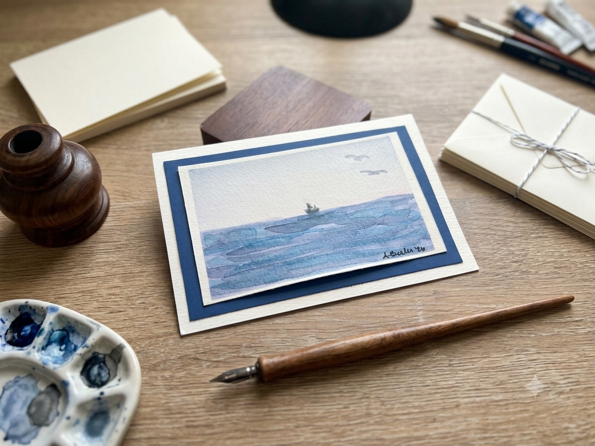 Hand-Painted Ocean & Sailboat Watercolor Note Card with Envelope & Stamp