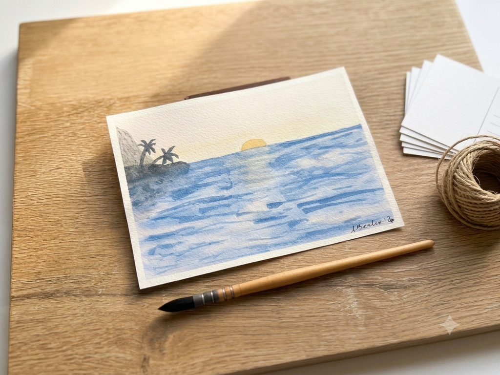 Hand-Painted Sunset Ocean Watercolor Painting – 5x7 Original Art