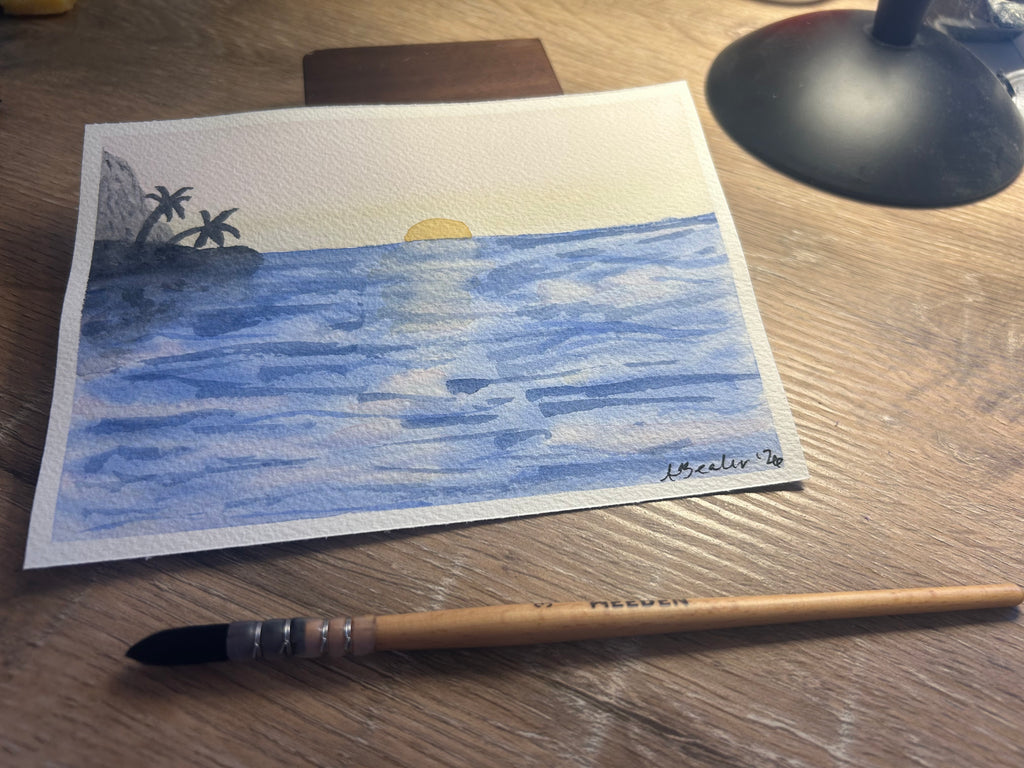 Hand-Painted Sunset Ocean Watercolor Painting – 5x7 Original Art