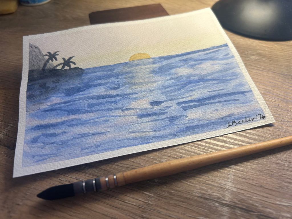 Hand-Painted Sunset Ocean Watercolor Painting – 5x7 Original Art
