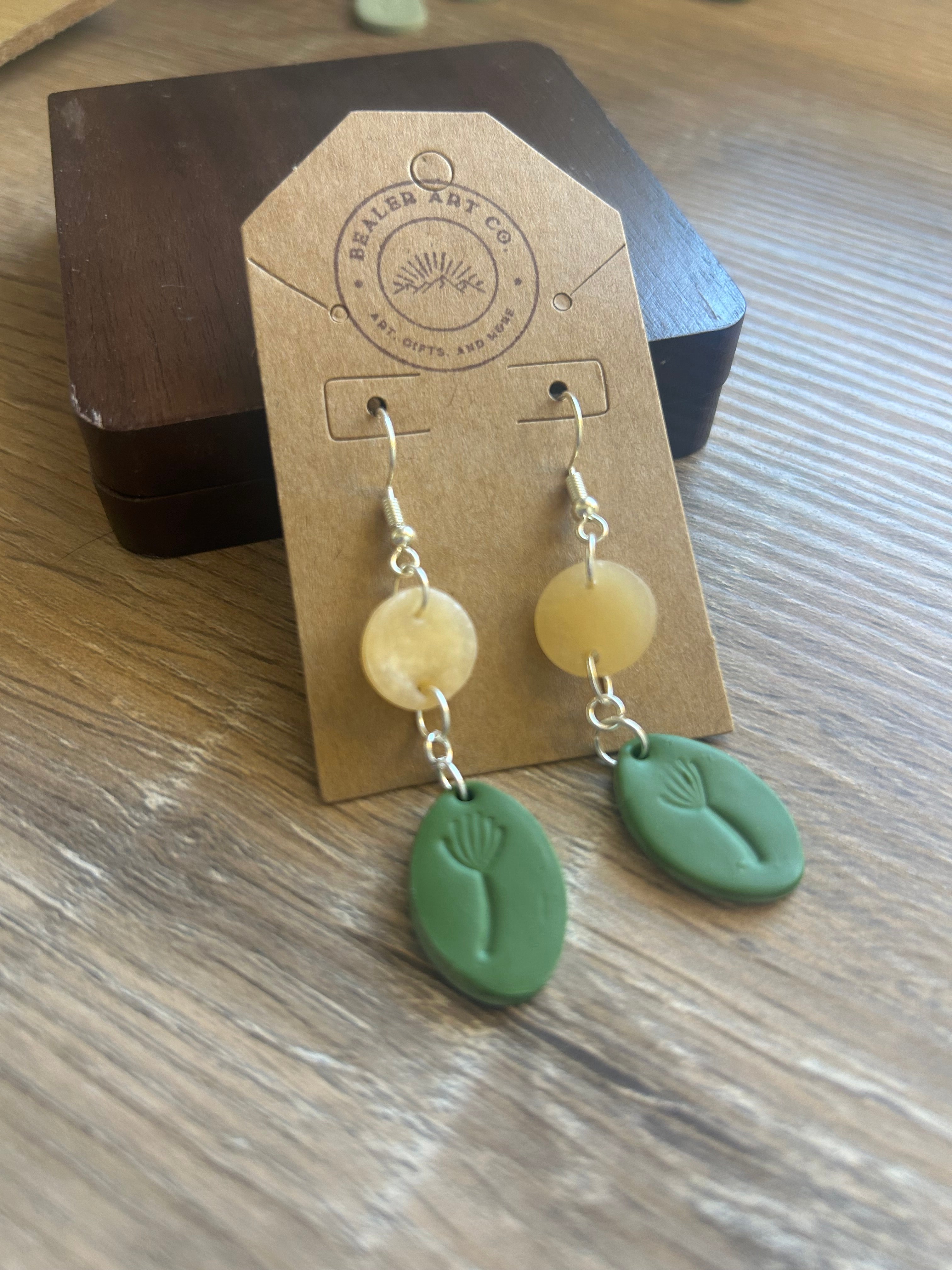 Handmade Olive Green Botanical Dangle Earrings in Silver