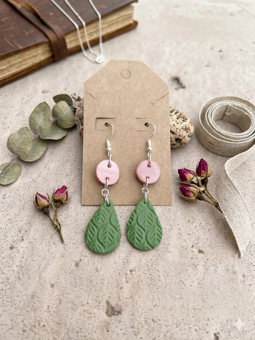 🌿 Botanical Shimmer Polymer Clay Dangle Earrings – Pink & Green Leaf Teardrops