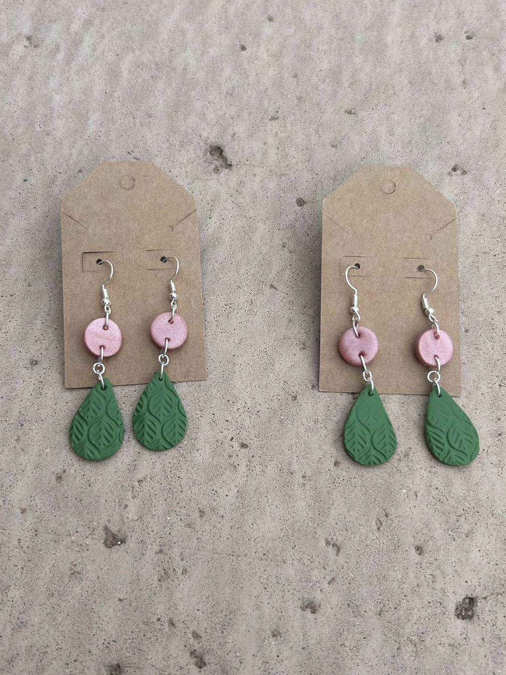 🌿 Botanical Shimmer Polymer Clay Dangle Earrings – Pink & Green Leaf Teardrops
