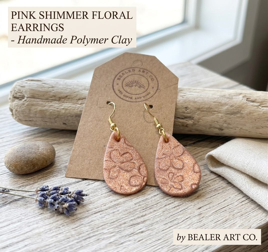 Pink Shimmer Floral Teardrop Earrings – Handmade Polymer Clay Jewelry