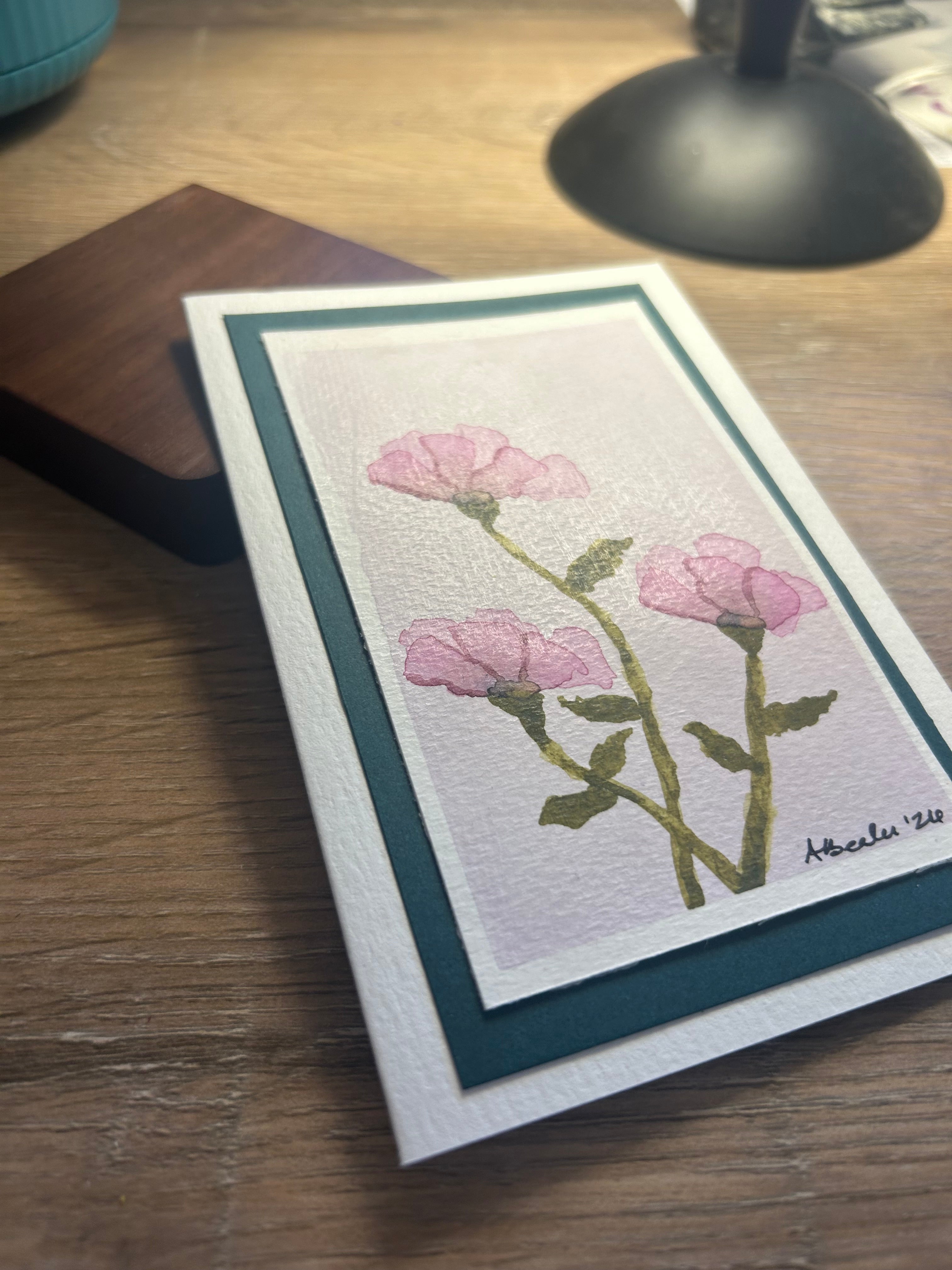 Hand-Painted Poppy Watercolor Note Card with Envelope & Stamp