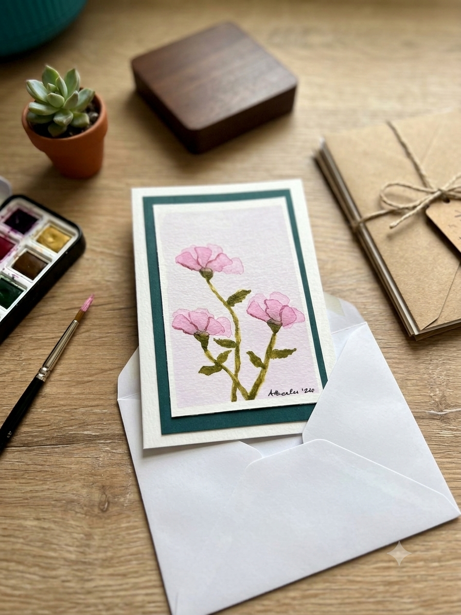 Hand-Painted Poppy Watercolor Note Card with Envelope & Stamp
