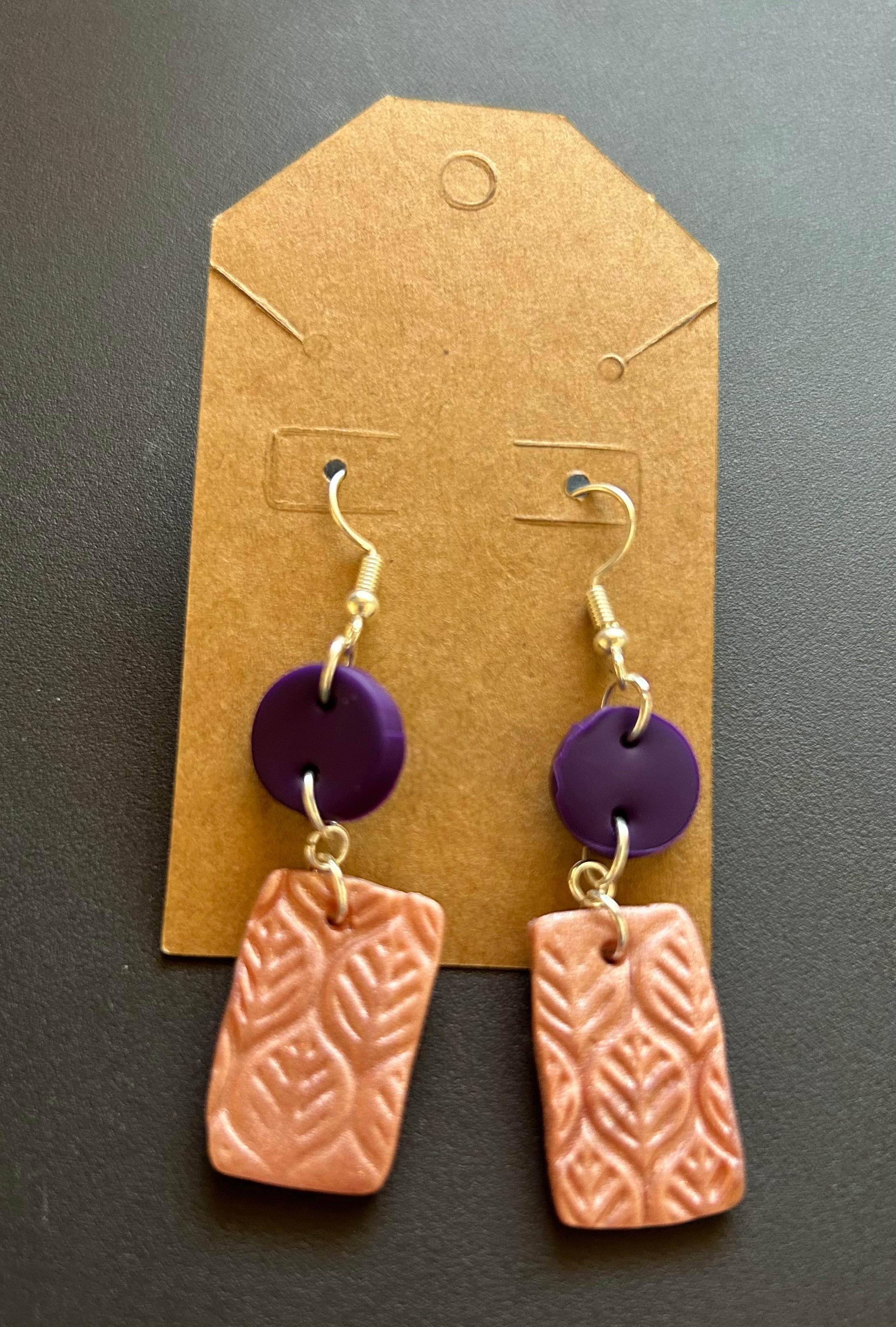 Handcrafted Polymer Clay Dangle Earrings - Textured Rose Gold Leaf & Purple Geometric Drops
