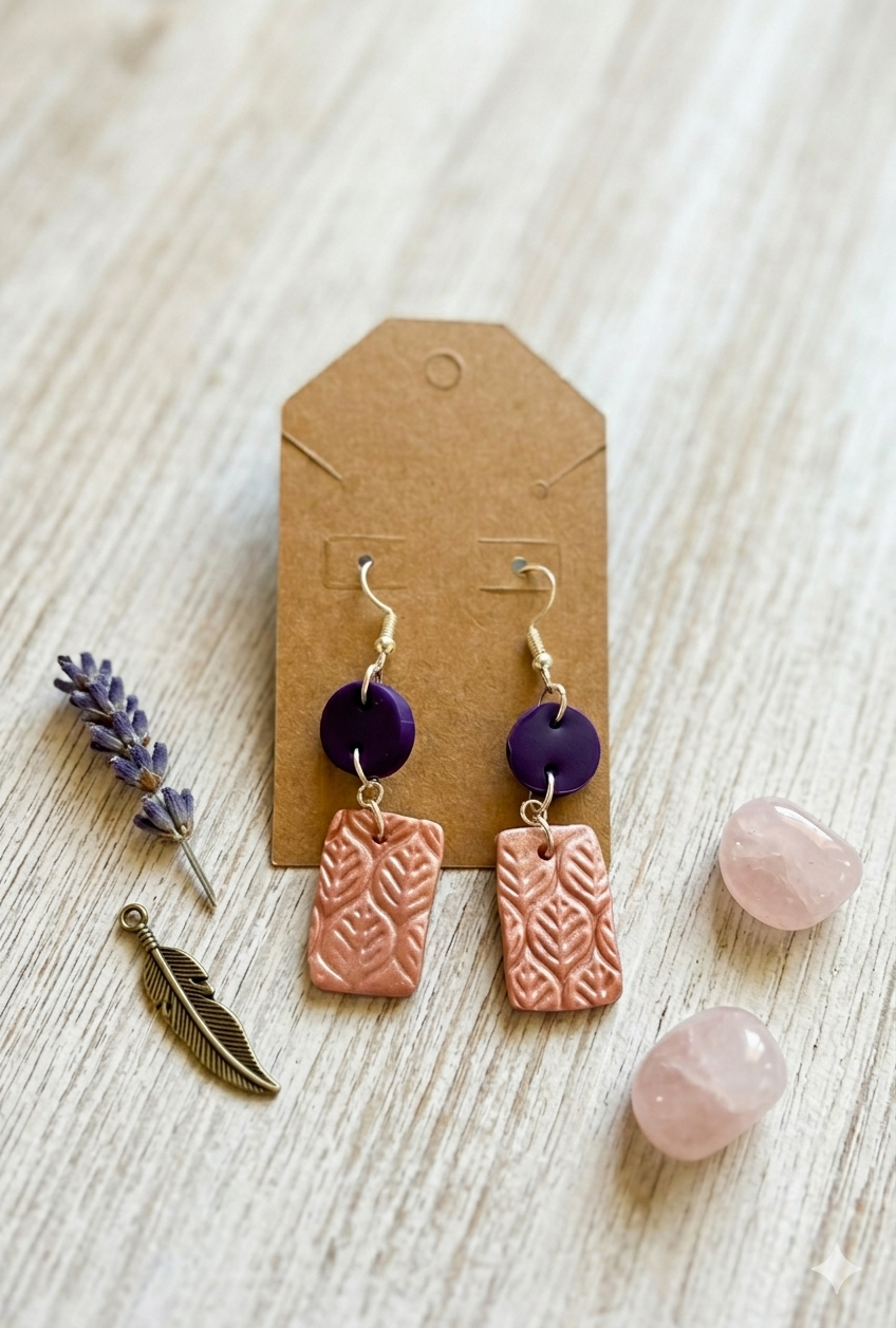 Handcrafted Polymer Clay Dangle Earrings - Textured Rose Gold Leaf & Purple Geometric Drops
