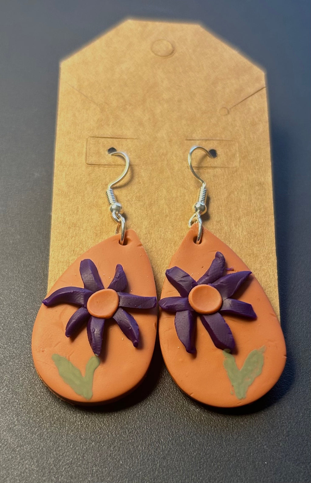 Handcrafted Polymer Clay Botanical Charm Earrings - Purple Floral on Terracotta