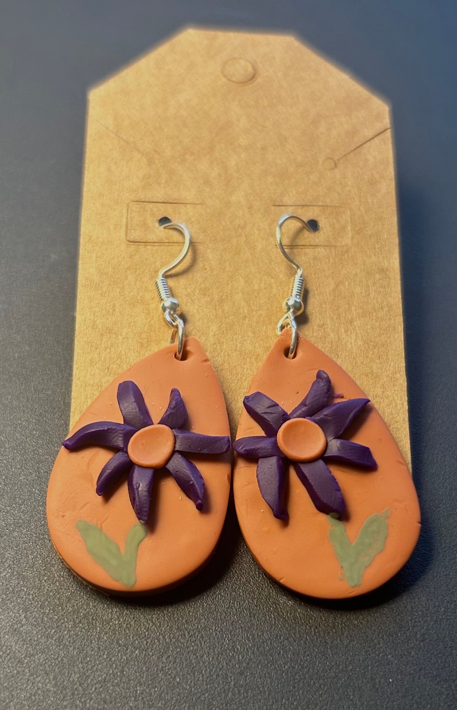 Handcrafted Polymer Clay Botanical Charm Earrings - Purple Floral on Terracotta