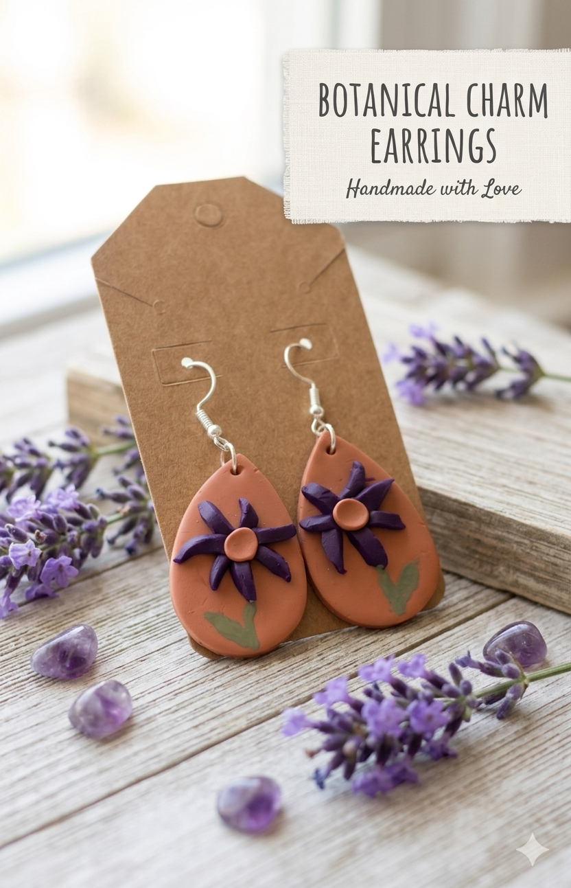 Handcrafted Polymer Clay Botanical Charm Earrings - Purple Floral on Terracotta