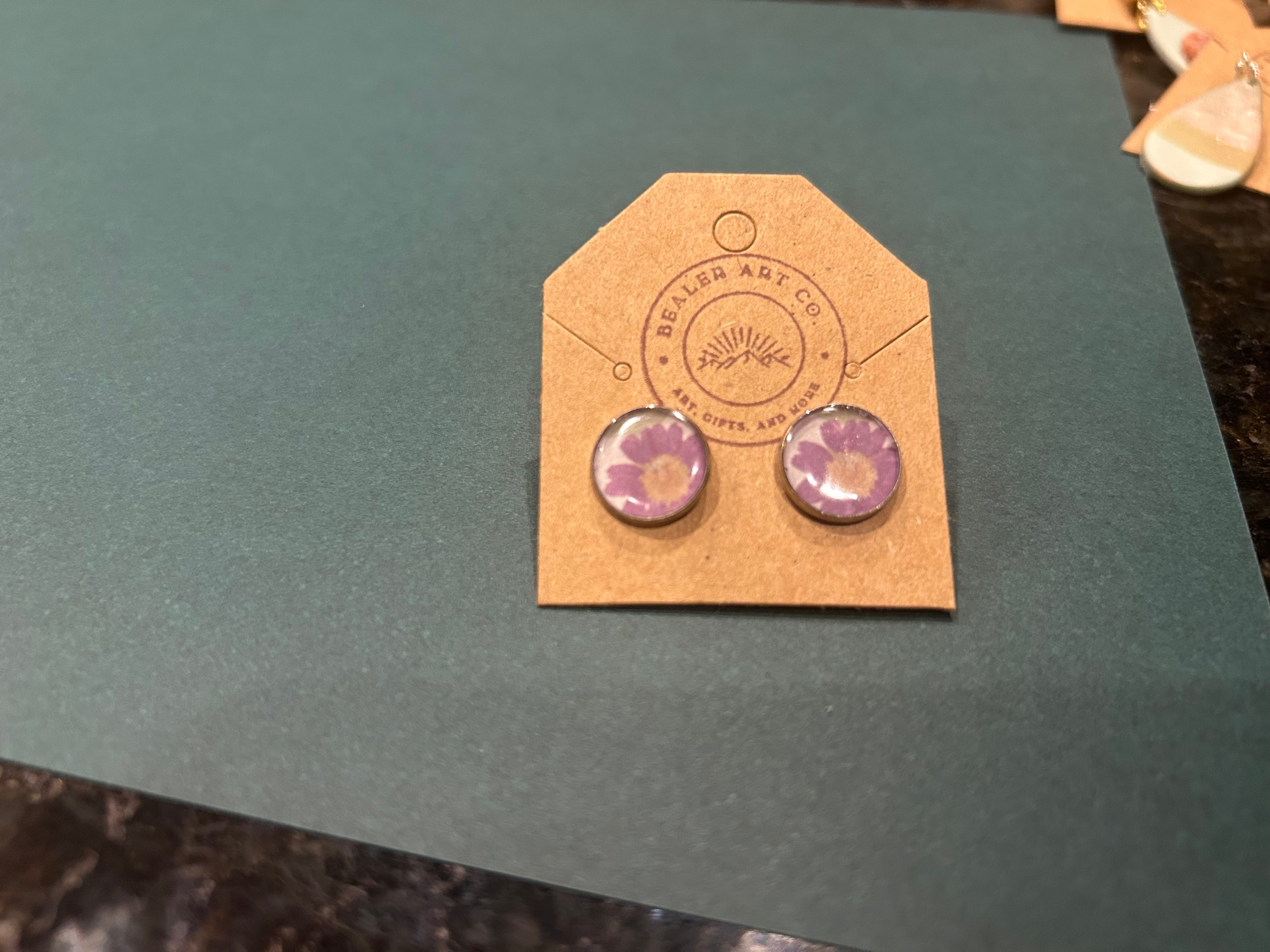 Handmade Floral Resin Stud Earrings - Purple