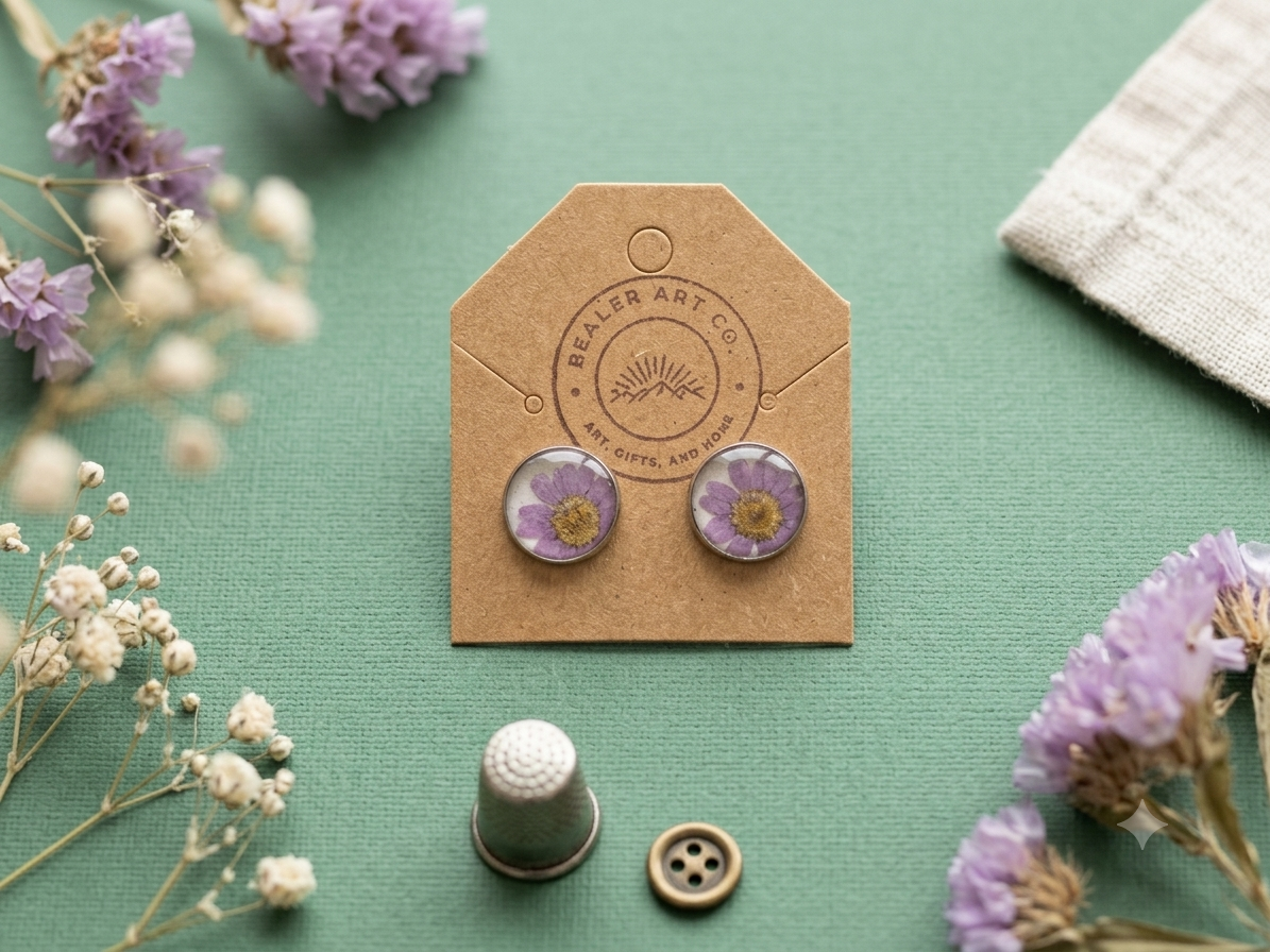 Handmade Floral Resin Stud Earrings - Purple