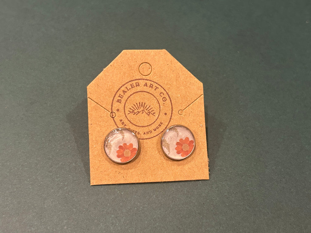 Handmade Resin & Floral Print Stud Earrings in Silver Bezels