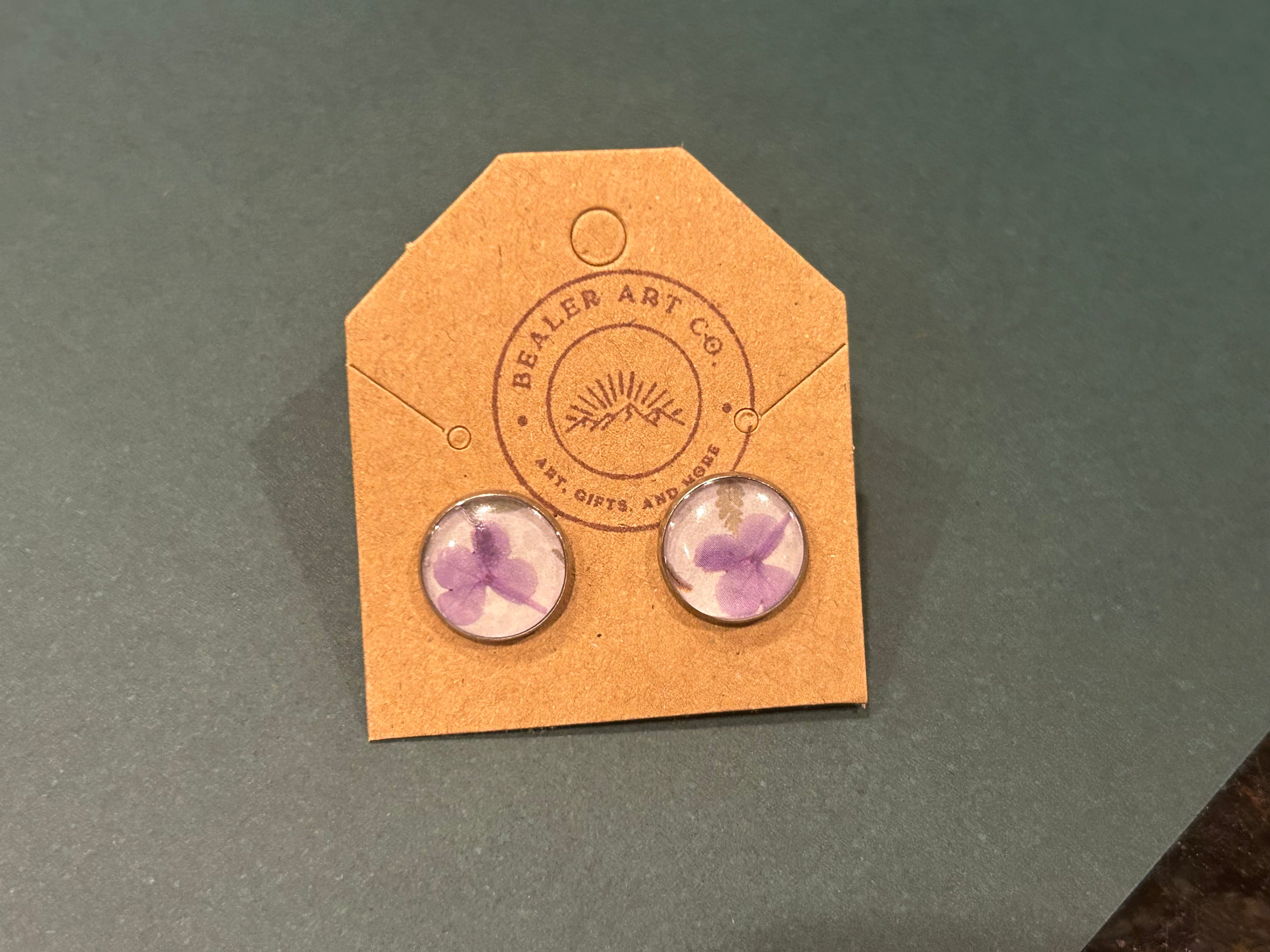 Handmade Silver Stud Earrings with Purple Floral Print | Botanical Resin Studs | Cute Everyday Jewelry Gift for Her