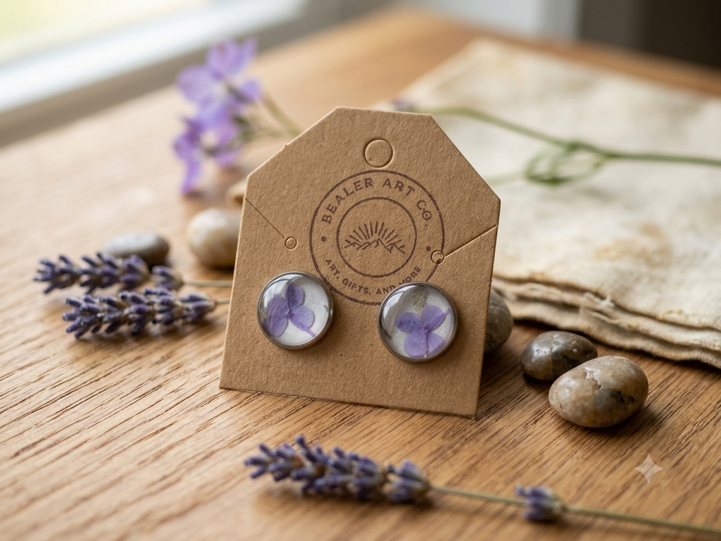 Handmade Silver Stud Earrings with Purple Floral Print | Botanical Resin Studs | Cute Everyday Jewelry Gift for Her
