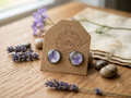Handmade Silver Stud Earrings with Purple Floral Print | Botanical Resin Studs | Cute Everyday Jewelry Gift for Her
