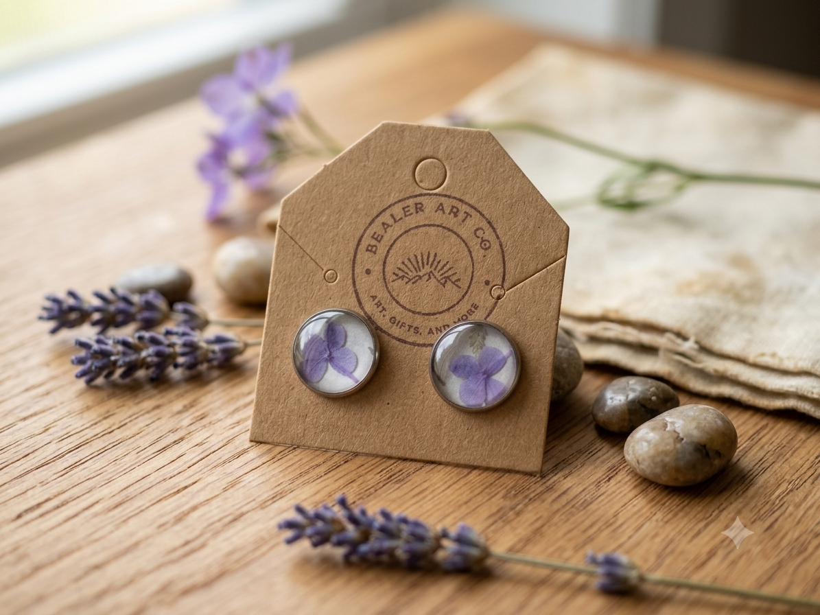 Handmade Silver Stud Earrings with Purple Floral Print | Botanical Resin Studs | Cute Everyday Jewelry Gift for Her