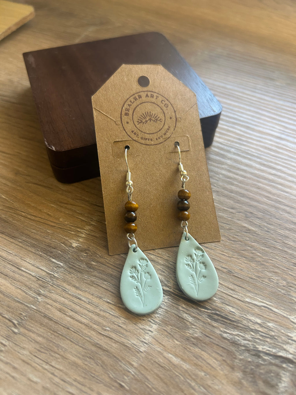 Handmade Sage Green & Wood Bead Teardrop Earrings