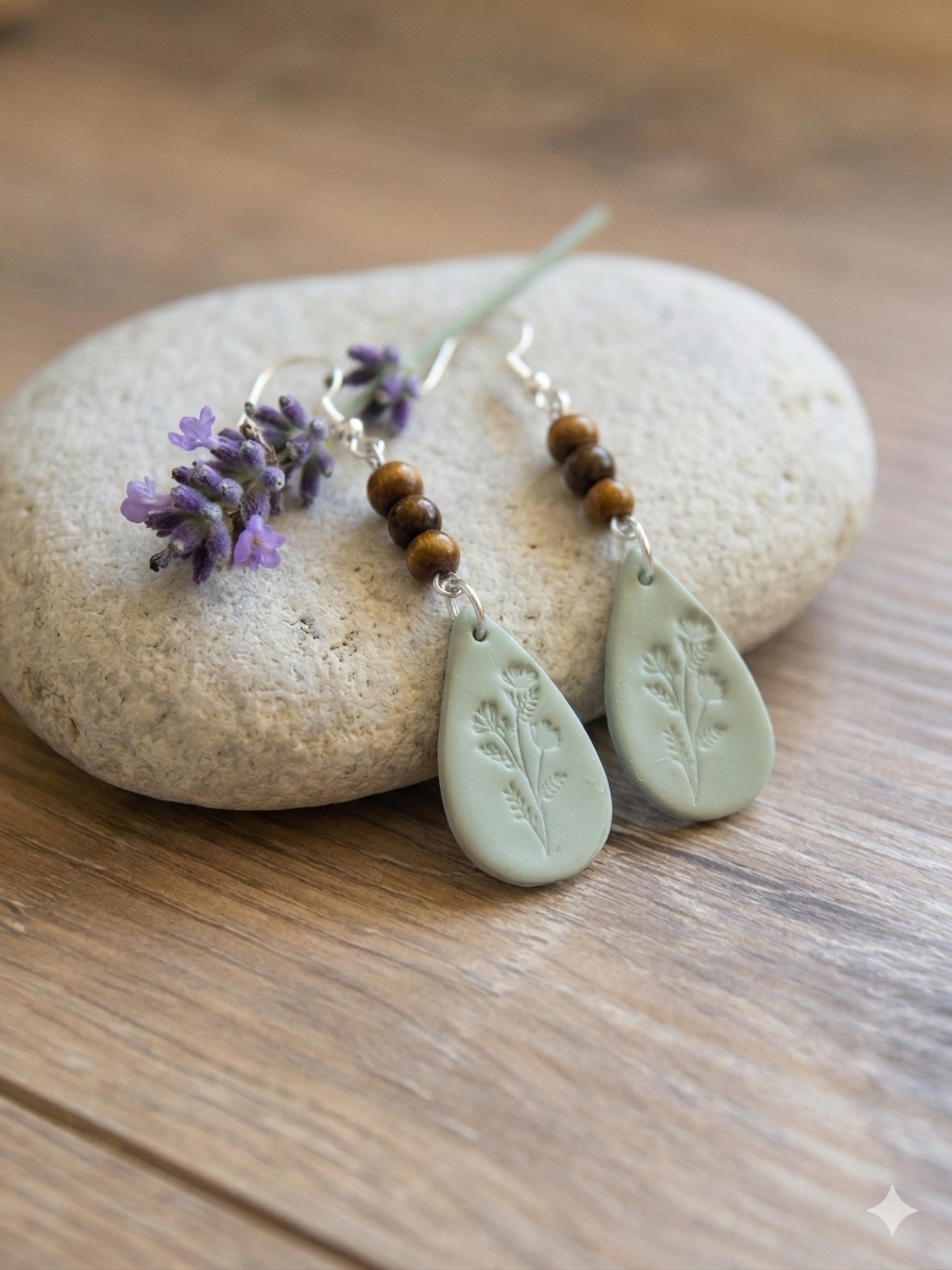 Handmade Sage Green & Wood Bead Teardrop Earrings