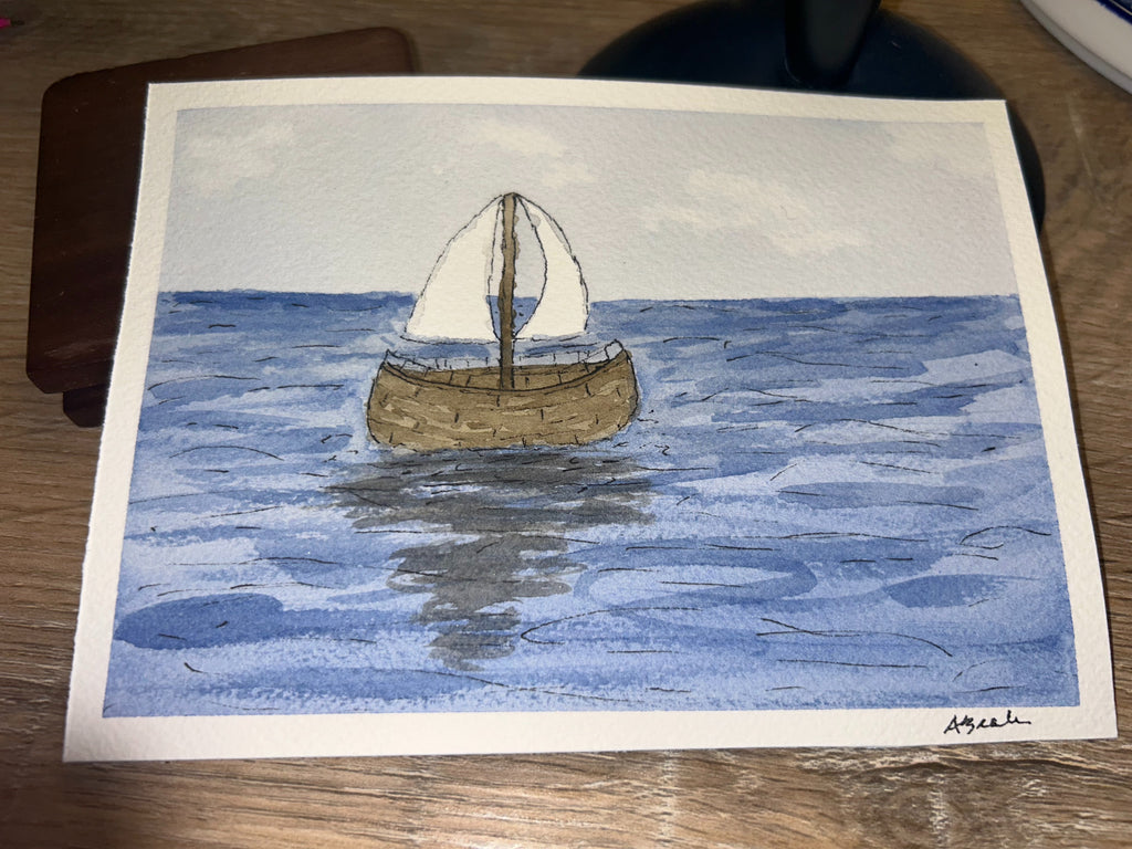 Original Sailboat Line and Wash Watercolor Painting (5x7")