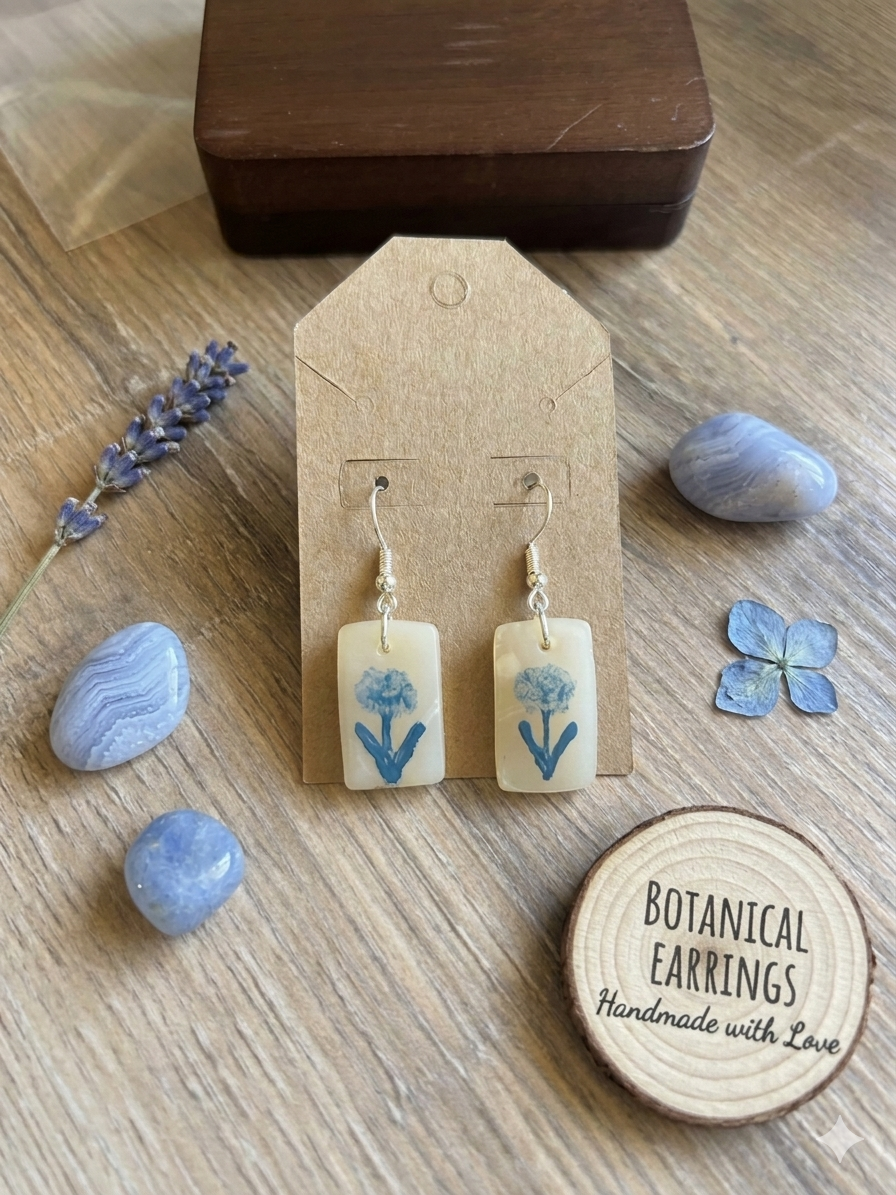Handcrafted Polymer Clay Botanical Earrings - Translucent Cream & Blue Floral Drops
